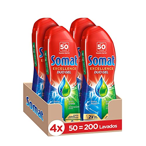 Somat Excellence Gel Anti-Grasa 50 Dosis (pack de 4, total: 200 lavados), detergente lavavajillas líquido automático en botella, jabón para platos con desengrasantes activos