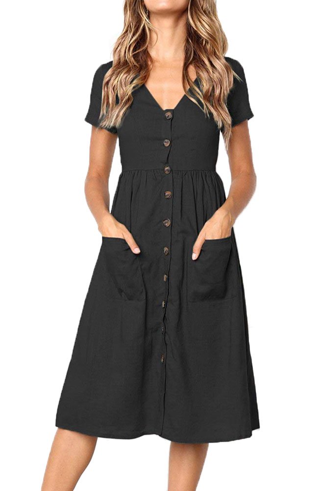 Summer Dresses for Women Casual Midi Dress Short Sleeve Shirt Dress V Neck Button Decoration Swing A Line Tunic Dress with Pockets