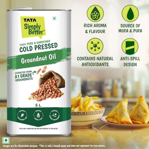Image of Tata Simply Better Pure and Unrefined Cold Pressed Groundnut (Peanut) Oil, Kolhu /Kacchi Ghani /Mara Chekku /Ganuga, Naturally Cholesterol Free, 5L, With Rich Aroma & Flavour of Real A1 Grade Groundnuts
