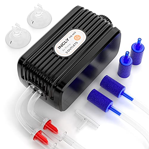 INCLY Aquarium Air Pump, 3W Water Hydroponics Pump for Fish Tank Pond with Dual Air Outlet Adjustable Air Valve, Quiet Oxygen Bubbler Up to 80 Gallon with 4 Air Stone 6.6ft Silicone Tube