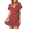 Relipop Summer Women Short Sleeve Print Dress V Neck Casual Short Dresses Red