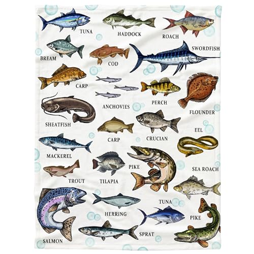 Types of Fish Flannel Fleece Throw Blanket, Ultra Soft Fluffy Fuzzy Blanket for Living Room Bedroom, Fishing Gifts for Dad Grandpa S 50