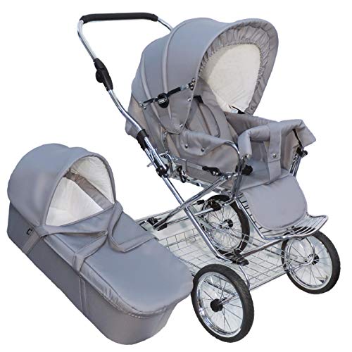 Eichhorn Kombikinderwagen mit Lederriemengestell inklusive Schieberhöhenverstellung und fester Tragetasche (LuxVariante), Stoff Grau (ECCO-Rad)
