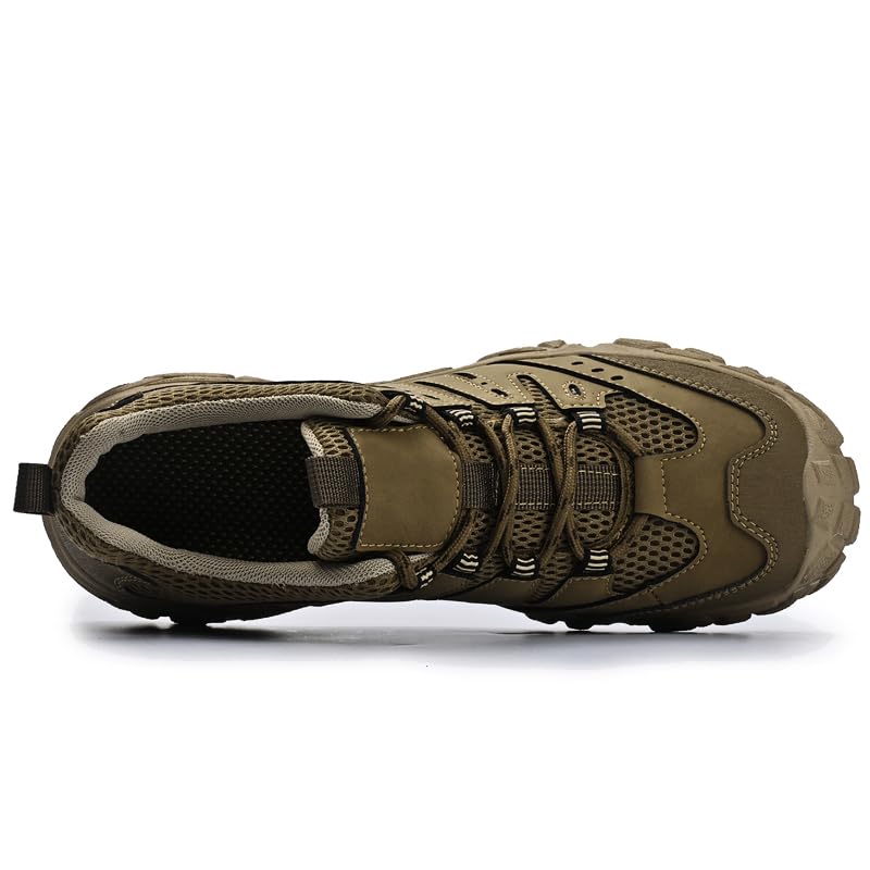 Mecolop Men's Leather Low-Top Hiking Shoe Lightweight Breathable Outdoor Walking Shoes for Men Khaki 9
