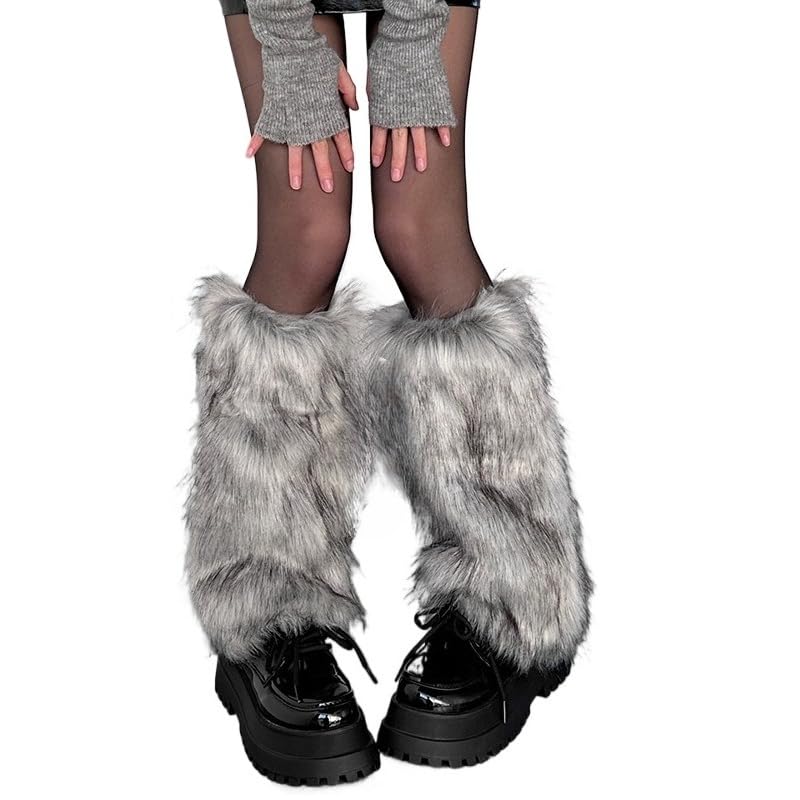 Uohuangjia Womens Fuzzy Leg Warmers Y2k Cute Fur Fluffy Leg Warmers Soft Boot Cuffs Covers Fluffy Calf Accessories (Grey black 40cm)