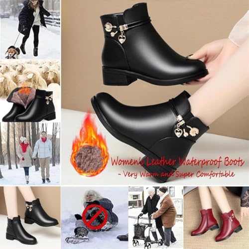 Women's Genuine Leather Wool Orthopedic Boots,Winter Warm Low Block Heel Snow Booties Leather Side Zipper Sparkling Rhinestones Waterproof Orthopedic Warm Boots2
