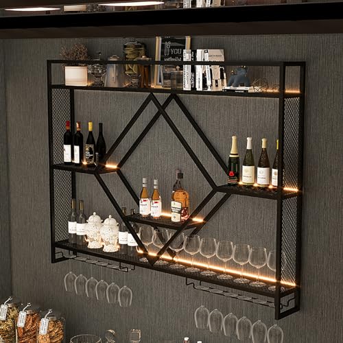 Estante de Almacenamiento de Vino Moderno montado en la Pared con Soporte de Copa de Vino de Metal Iluminado y Estante de exhibición de Botellas de Licor, estantes de Pared flotantes Negros/