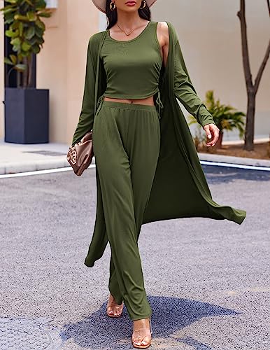 Image of Ekouaer Women's 3 Piece Lounge Set Pajama Long Sleeve Cardigan Sleeveless Top Pants Sweatsuit S-XXL