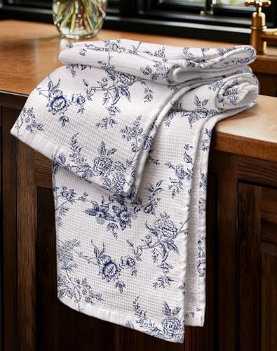S - 16x26 Inch Cotton Waffle Weave Dish Cloths Set Of 2 With Hanging Loop Absorbent Hand Tea Towels French Country Design For Housewarming Gift, Toile Print