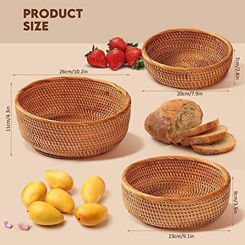 Wooden Fruit Bowl, Bread Basket, Woven Wicker Tray, Fruit Basket, Wicker Basket, Hand Woven Severing Tray, Rustic Decorative Tray, Round Rattan Fruit Bowl Storage Basket for Fresh Fruits and Veg