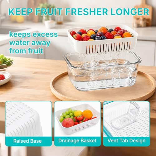 HestiaSnax 3 Pack Glass Fruit Storage Containers for Fridge, Glass Food Storage Containers with Removable Colanders and Lids, Leakproof & BPA-Free, Dishwasher Microwave Oven & Freezer Safe by HestiaSnax - Used condition - Image 3