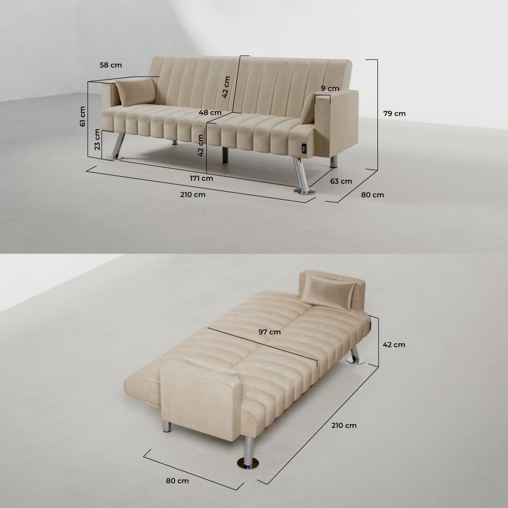 Nalui - Canapé Convertible 3 Places 210x80x79cm One Lines Clic Clac en Tissu Velours avec Pieds en Métal | Inclinaison Arrière | Comprend 2 Coussins | Beige