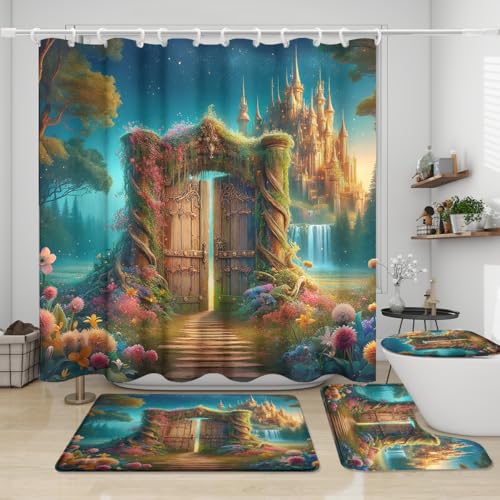 Dreamy Enchanted Forest Castle Shower Curtain Sets 4 Pcs,Fantasy Spring
