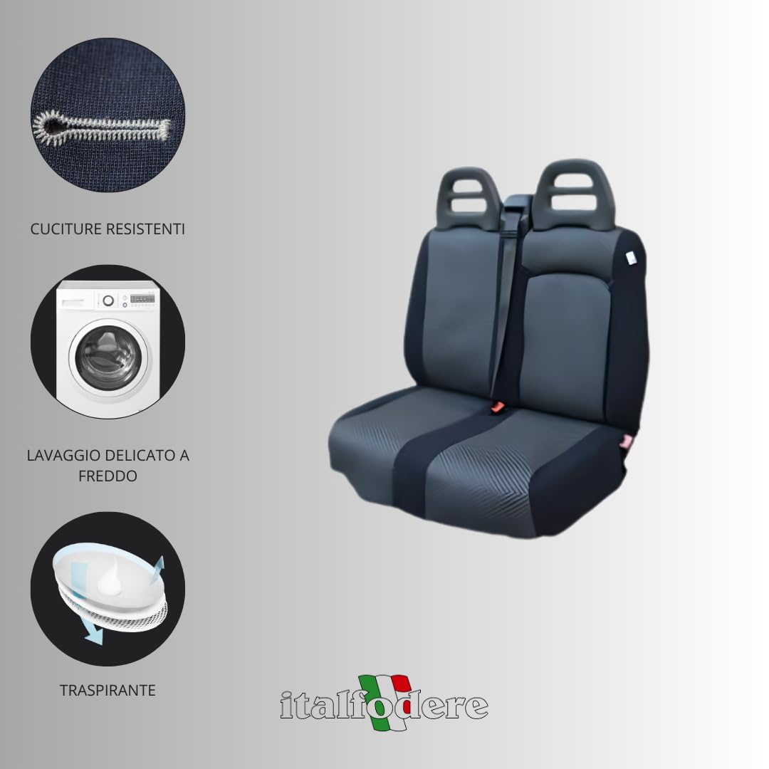Italfodere - Coprisedili Auto Anteriori - Compatibili con Fiat Ducato 3 Posti con Vano Apribile - Fatti a Mano - Gommapiuma e Poliestere - Accessori Auto Interno - Made in Italy - Nero