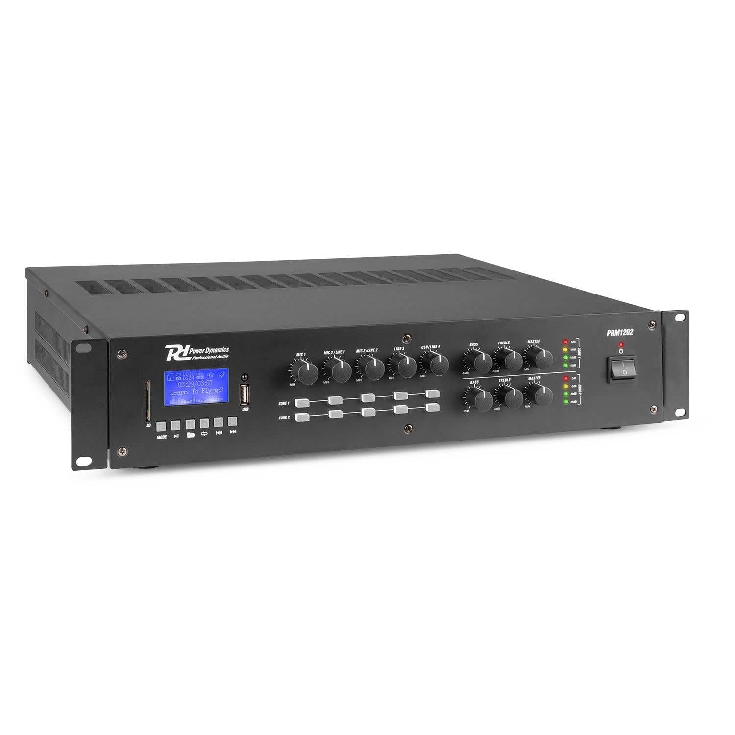Power Dynamics PRM1202 Amplificateur 2 Zones 100V 2X 120W - Noir, USB/SD/MP3, Amplificateur Bluetooth, Lecteur MP3, Entrée Microphone, Idéale pour Sonoriser Une Pièce ou Passer des Annonces