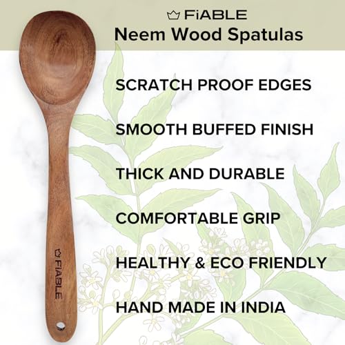 Image of FiABLE Pure Neem Wood Spatula Set for Cooking | Dosa Spatula Set | Wooden Spatula for Baking and Mixing | No Polish, Naturally Antimicrobial and Non Stick - Neem Wood Flip & Serve Set of 3