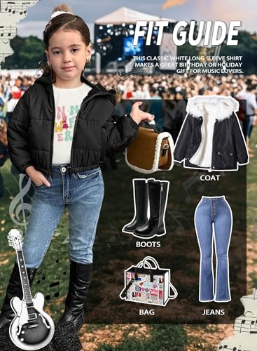 Image of Toddler Girls Letter Print Shirt - Kids Music Concert Long Sleeve Top Cute Casual Graphic Tee Fall Winter Outfits(White,120,1504b)