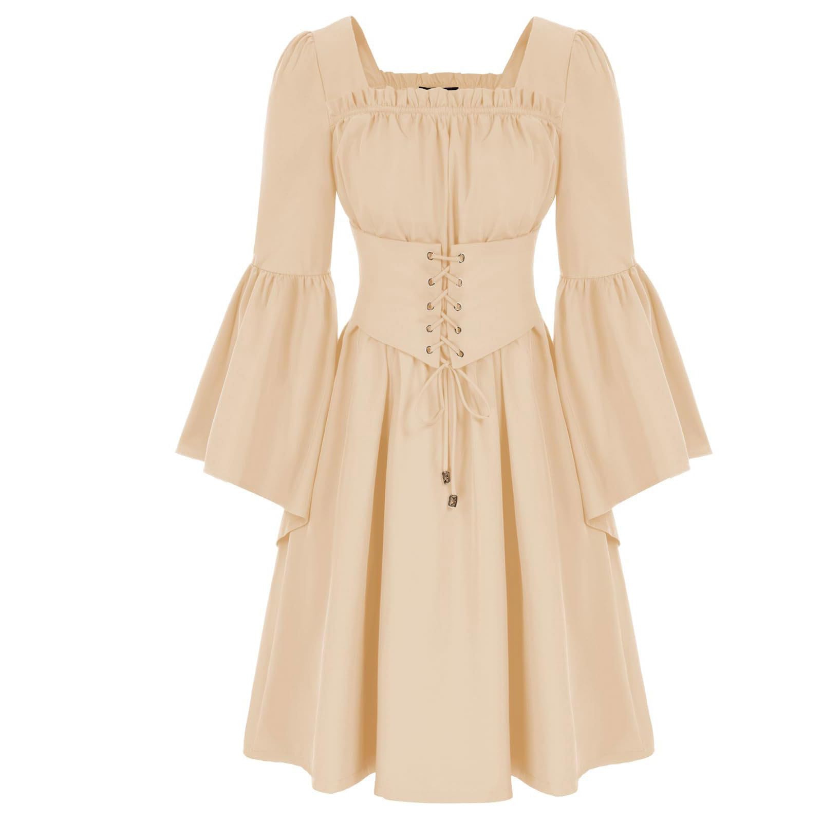 AEGJEGVD 2025 Robe Gothique Médiévale Femme Robes Moyen Age Renaissance Dress Rétro à Manches Flares Costume Bustier Epaules Dénudées Robe de Bal Punk Carnaval Cosplay deguisement Hallowee Pas Cher