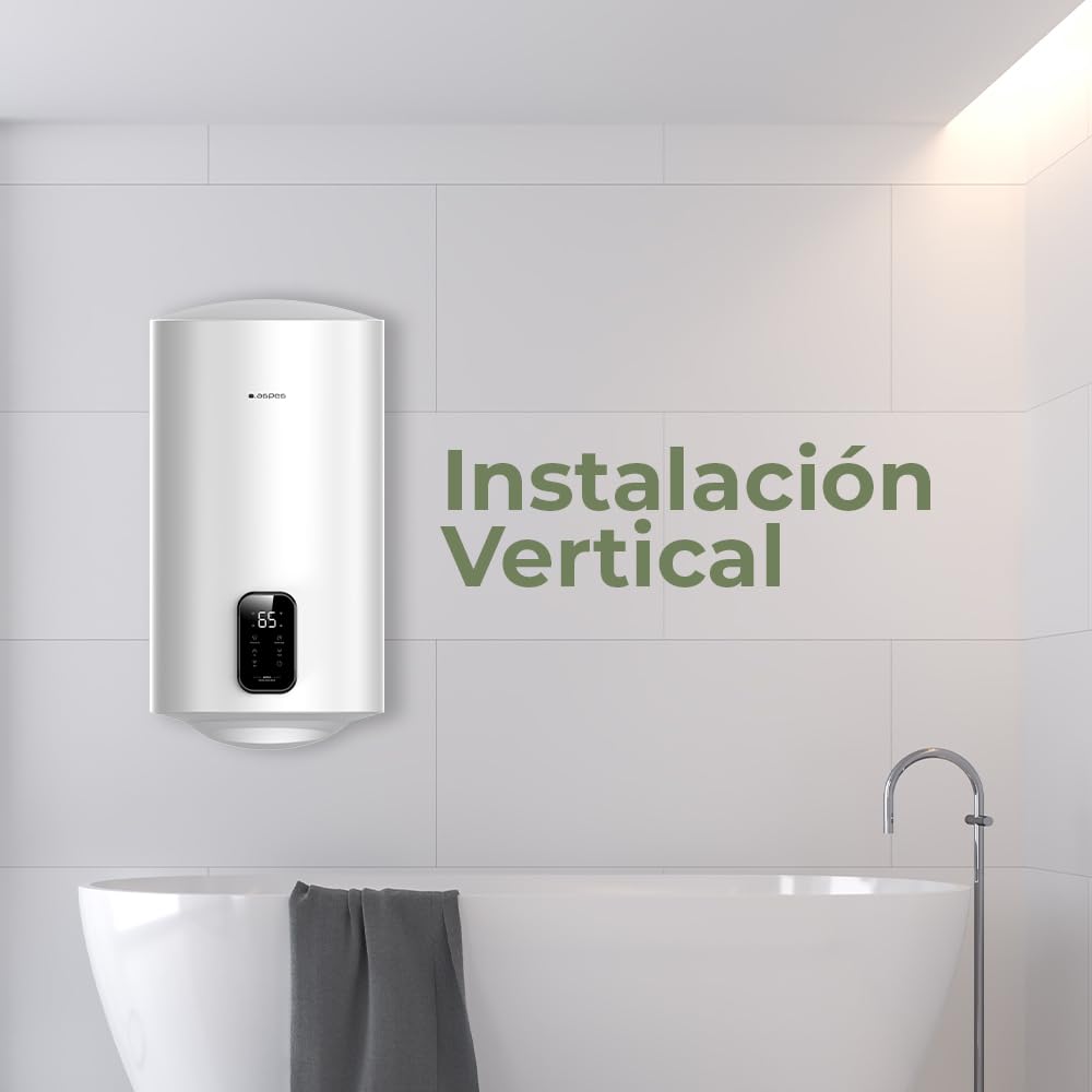 Aspes Termo Eléctrico 50 Litros, AT5000SDW. 1500W, Kit de Montaje Incluido, Resistencia de Acero Esmaltado, Termostato Digital, Temperatura Máx 93 º, Blanco, Eficiencia Energética B