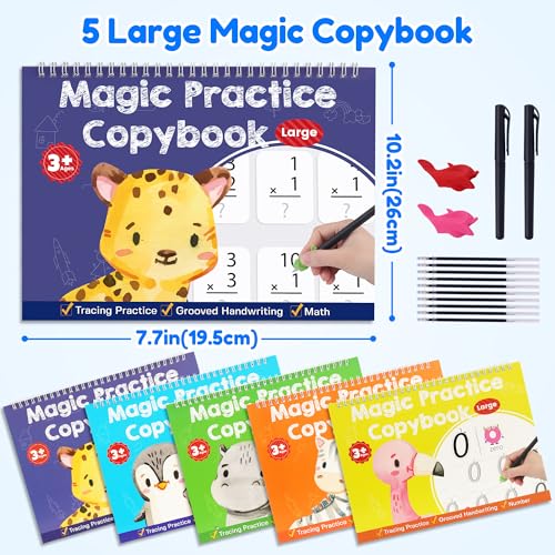Image of Large Magic Grooved Writing Practice Books for Kids, Reusable Grooved Handwriting Workbooks, Number Letter Tracing Books for Kids Age 3-8 Kindergarten Preschool Calligraphy