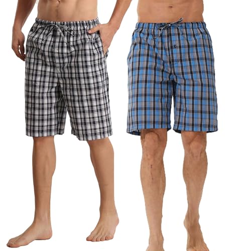 Mens Summer Pajama Shorts,2 Pack Soft Cotton Sleep Shorts for Men Plaid Loung Short Sets with Pockets Drawstring Pj Bootoms