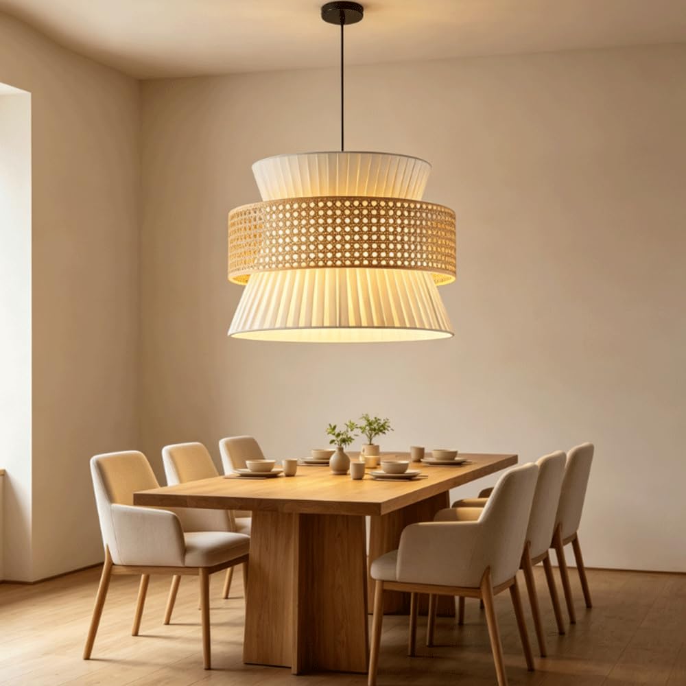 Lámpara Colgante De Ratán Tejido A Mano Wabi Sabi Con Pantalla De Tela Plisada, Lámpara De Techo Colgante Con Cable Ajustable Y Casquillo E27, Estilo Rústico Japonés, Ideal Para Isla