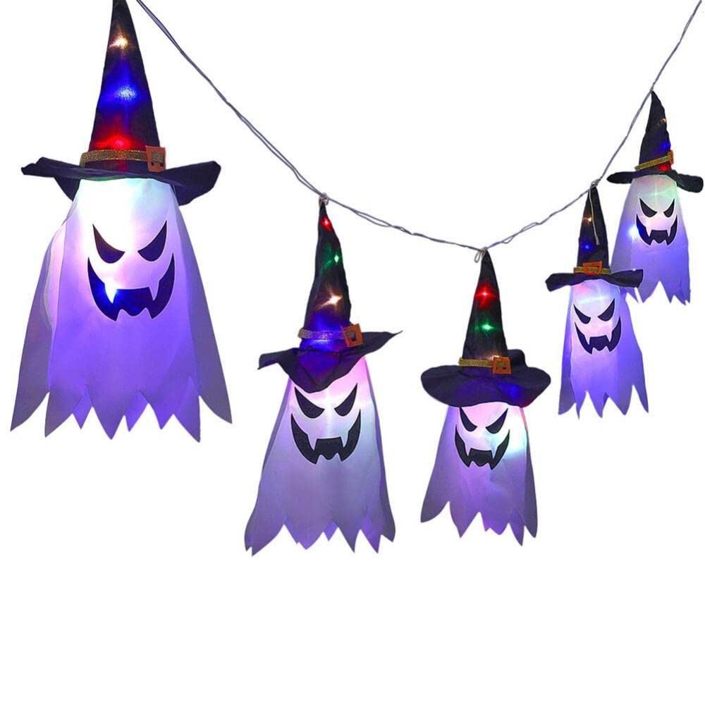 AUTOYSUR 5pcs Halloween Led Light Wizard Hat Hanging Lights Ghost Face Ghost Lights String Ghost Festival Horror Atmosphere Room Decoration Lights Witch Light for Party Bar Outdoor Decor (White ghost)