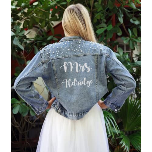 Doomain Women's Custom Denim Jacket with Pearls Future Mrs. Customized Jacket, Wedding Jackets, Wifey Jacket…4