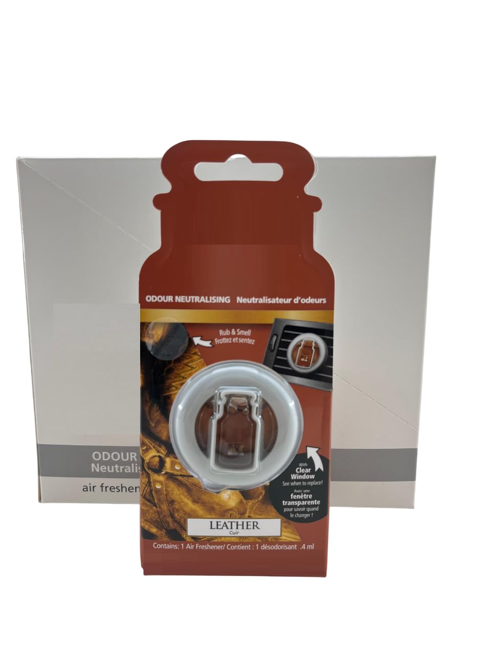 Ambientador de Coche con Aroma a Cuero, Neutralizador de Olores, 4 ml, con Ventana Transparente (8 CAJAS DE 4 AMBIENTADORES POR CAJA)