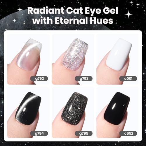 Image of Beetles Gel Nail Polish Set - Twilight Gleam 6 Colors Cat Eye Glitter White Black Silver Shimmer Sparkle Gel Polish Kit with Magnet Soak Off Nail Art Uv Led Home Salon Spring Summer Gift for Women
