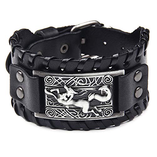 TURTLEDOVE Viking Bracelet Celtic Fox - Nordic Leather Bracelet Pagan Jewelry of Talisman (Black)