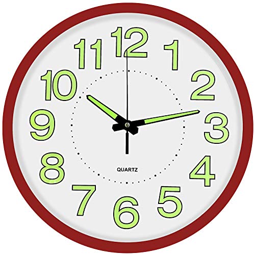 HOSTON Luminous Wall Clock, 12 Inch Silent Non-ticking Quartz Night Light Wall Clock Round Battery Powered Large Display for Home Bedroom Kitchen Living Room Office School Garage (Luminous - Red)