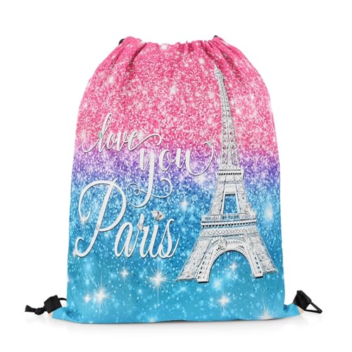 Erosebridal Paris Drawstring Backpack 13 x 15.75,Glitter Eiffel Tower Drawstring Bags for Valentine's Day Gift,(Not Real) Diamond Draw String Back Bag,Sparkles Sequins String Backpack3