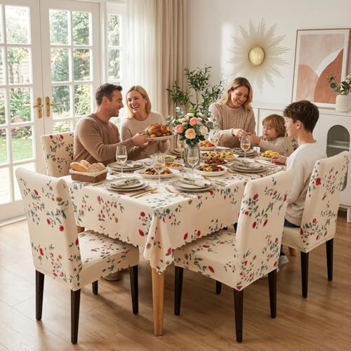 Image of Styleys Dining Chair Cover with Table Covers for Kitchen Waterproof Dining Table Cloth (1 Table Cover + 6 Chair Cover, Beige Tulip Flower, CTSD3128)