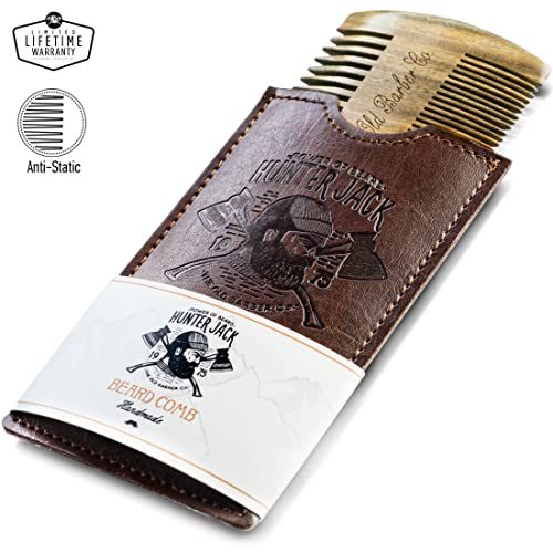 Sandalwood Beard Comb For Men - Handmade Beard & Mustache Comb - Premium Wooden Comb - Men's Comb With Fine & Wide Tooth - Small Pocket Size Wood Comb In Pu Leather Case By Hunter Jack #TOP1