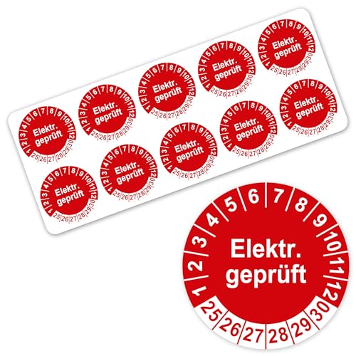 LabelTec Prüfplaketten Elektr. geprüft 2025-2030 Prüfetiketten Elektrogeräte Prüfung Kontrolle für Betriebsmittel Geräte Maschinen Aufkleber selbstklebend wasserfest LTD001 (100, Rot, ⌀30mm)