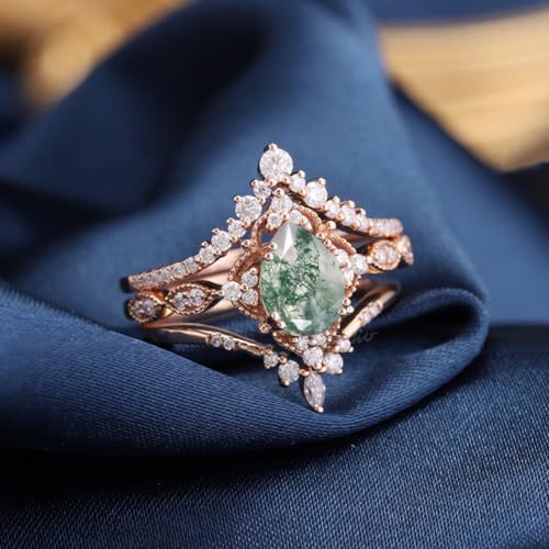 10K 14K 18K Rose Gold 2CT Natural Moss Agate Engagement Ring Set for Women 925 Sterling Silver Genuine Pear Green Moss Agate Leaf Art Deco Bridal Wedding Ring Set (Size 4-15)2