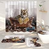 Guassi 4 Pcs Tiger Shower Curtain Sets with Rug,Cute Animal Bathtub Tiger Print Bath Curtains with 12 Hooks，Bathroom Curtains Shower Set Toilet Mat Lid Rug Bathroom Sets Shower Curtain Sets，72'x72'