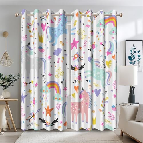 Ttincceer U-nicorn - Cortinas opacas para dormitorio de niños, diseño de nubes arcoíris de dibujos animados, para habitación de niña, cortinas coloridas para ventana de habitación de bebé, aislamiento