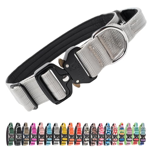 TSPRO Premium Hundehalsband mit Griff Dickes Verstellbares Taktisches Hundehalsband Schwere Ausführung Schnellverschluss Metallschnalle für Mittelgroße bis Große Hunde (Silber L)