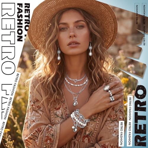 Image of Ecally Bohemian Western Jewelry Turquoise Set Women Country Pendant Long Choker Layered Bracelets Earrings Ring for Women
