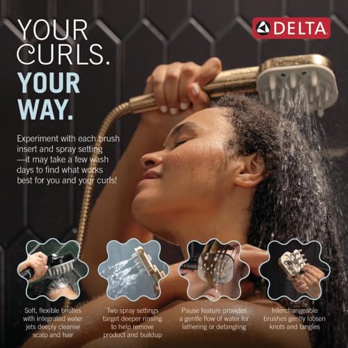 Image of Delta VersaCurl Detangling Handheld Shower Head Tool for Curly Hair with 3 Curl Defining Brush Inserts Included, Detangler Brush Hand Shower with Hose, Spotshield Brushed Nickel 74B430SN