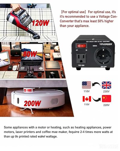 Image of Yinleader 110v to 220v European Voltage Converter Transformer 500W | Step Up Converter 110 /120 Volt to 220 /230 /240 Volt or Step Down 220 to 110,[110V US Power Cord Included Only, No 220V Cord]