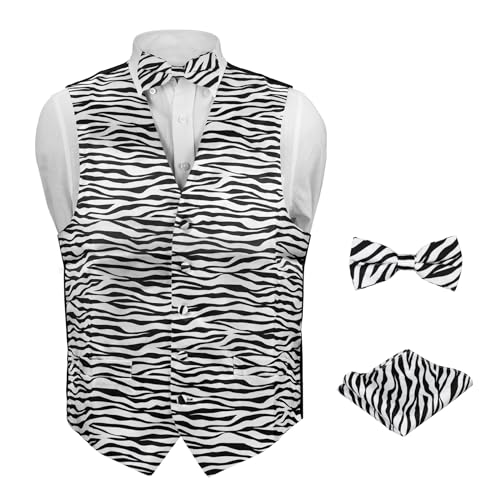 Men's Dress Vest ZEBRA Animal Pattern Design with Black Background. Animal Zoo Striped Mens Bow Tie and Hanky Set