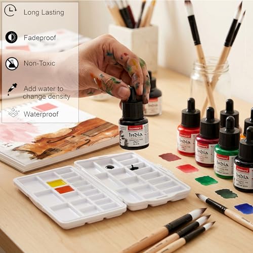 Image of Isomars Waterproof Drawing Ink Set of 6 - 35ml Each (with Dropper) | Suitable for Calligraphy, Art, Technical Drawing, Airbrush Art, Illustration | Fade-Resistant & Quick-Drying