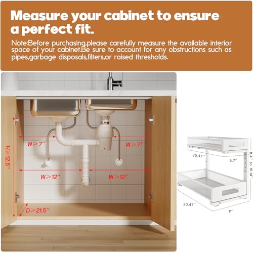 Image of 2 Pack 20.47IN Depth Under Sink Storage Organizer, Large 2-Tier Elegant Mesh Pull Out Shelf for Kitchen and Bathroom Cabinet Organization, L-Shaped and Adjustable Height Design-White