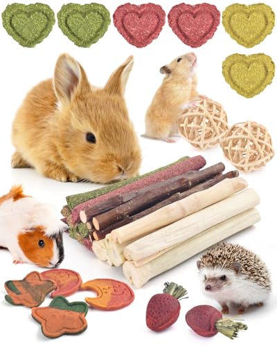 ERKOON 33PCS Bunny Chew Toys for Rabbits Teeth, Natural Rabbit Toys Apple Wood Sticks, Carrot, Timothy Grass Toys for Small Pets, Hamster, Chinchilla, Guinea Pig Dental Care and Treat Teething Toys