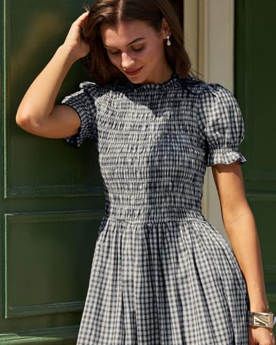 Image of RIHOAS Plaid Gingham Midi Dress Short Sleeve Smocked Dresses for Women | Cotton,Ruffle Puff Sleeves,Vintage Brown,Spring Summer Casual Daily,Picnic,Travel,Vacation,Christmas Festive Occasions