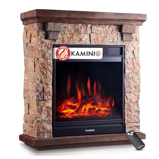 KAMINIO Chimenea eléctrica Juan - Chimenea eléctrica de pie con Aspecto de Piedra, función de calefacción, Efecto de Llama 3D y Mando a Distancia (Beige)