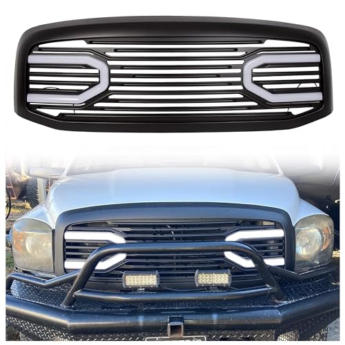 ECOTRIC Front Big Horn Grill Compatible with 2006-2009 Dodge RAM 2500 3500 2006-2008 Dodge RAM 1500 Grille Replacement Shell(W/Light Black)